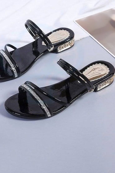 Black Strappy Rhinestones Low Block Heel Sandal