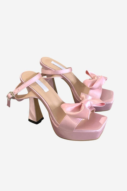 Pink Chunky High Heel Sandals with Bow