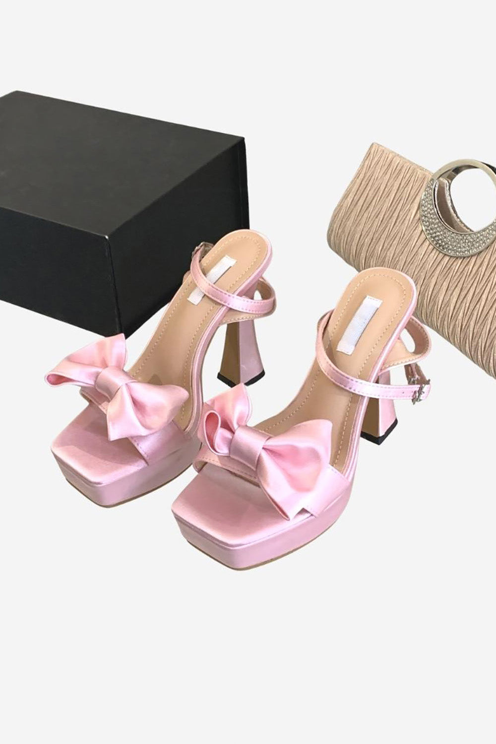 Pink Chunky High Heel Sandals with Bow