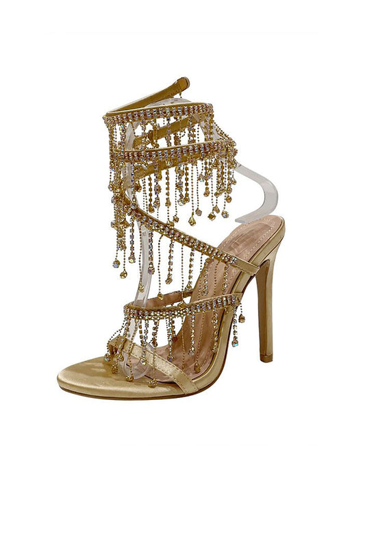 Golden Sparkly Strappy High Heeled Sandals With Tassel