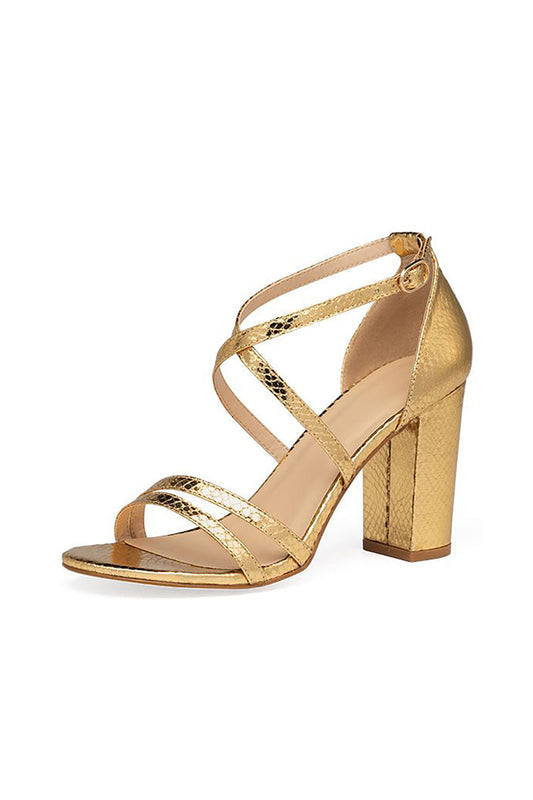 Golden Chunky High Heel Ankle Strap Sandal