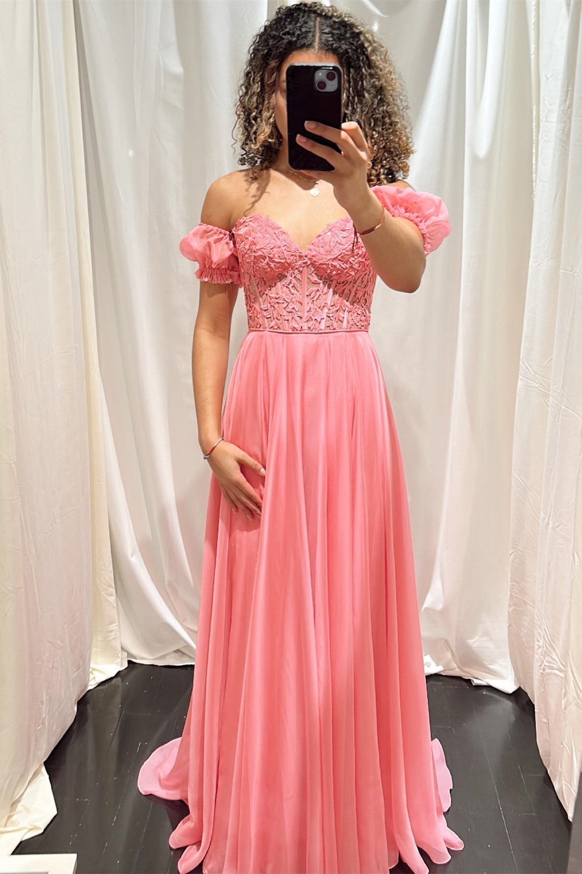 Roycebridal Off-Shoulder A-line Chiffon Applique Lace-Up Long Prom Dress