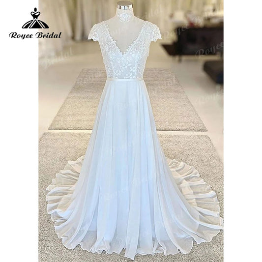 Roycebridal BRIDE,BRIDE EXPLORE All Wedding Dresses,BRIDE EXPLORE Custom Wedding Dresses 👗,BRIDE EXPLORE Plus SizeCap Sleeve Lace Bodice V Neck Backless Chiffon A Line Beach Summder Wedding Dress 2025 Vintage vestido para boda playa Boho