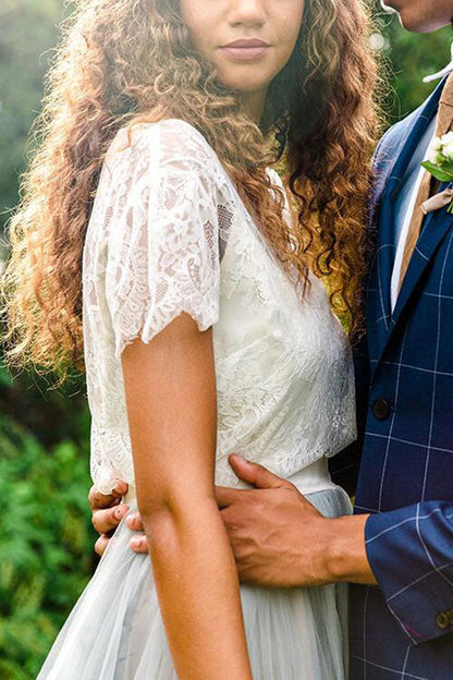 Casual Country Style Two Piece Lace Top Tulle Skirt Wedding Dresses, MW535 | short sleeves wedding dress | wedding dresses online | tulle lace wedding dress | wedding gown | www.musebridals.com