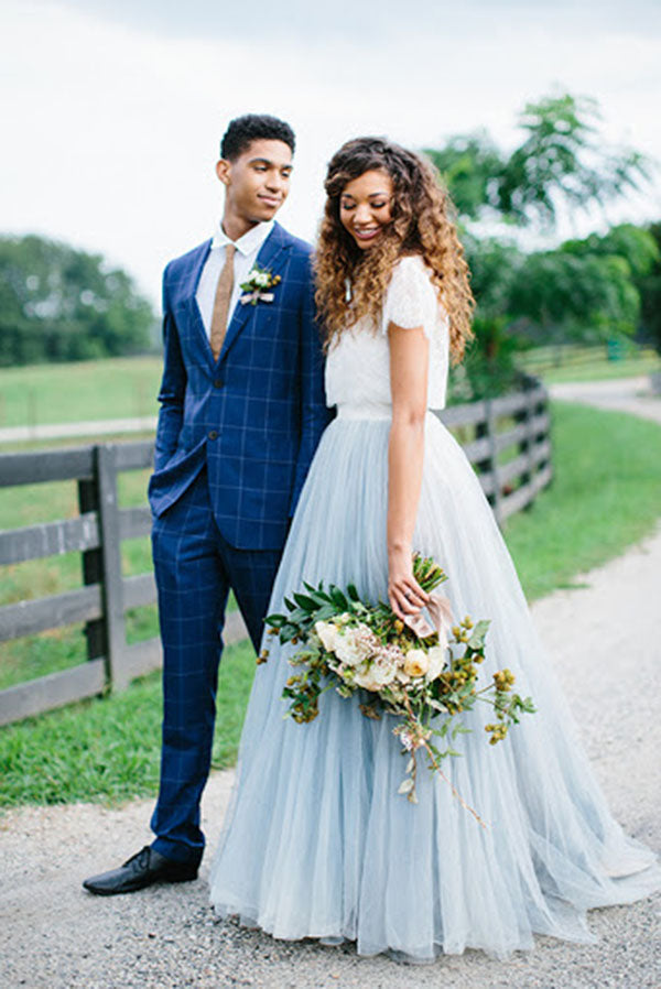 Casual Country Style Two Piece Lace Top Tulle Skirt Wedding Dresses, MW535 | blue wedding dress | lace wedding dress | beach wedding dress | www.musebridals.com