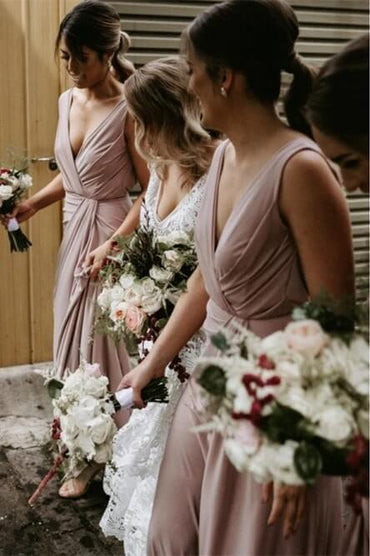 Roycebridal Cheap Chiffon Blush Pink Bridesmaid Dresses Sleeveless Deep V Neck