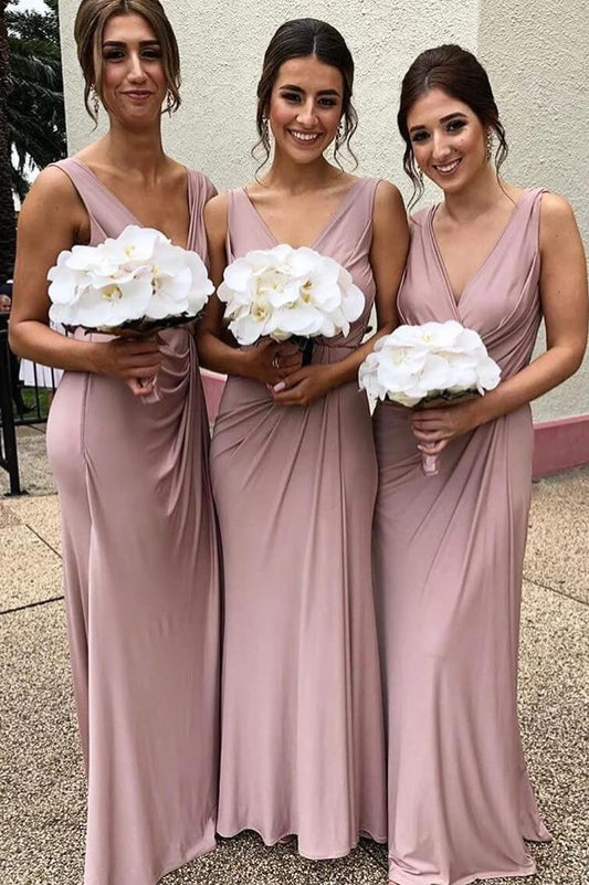 Roycebridal Cheap Chiffon Blush Pink Bridesmaid Dresses Sleeveless Deep V Neck