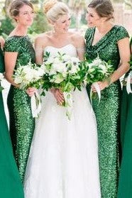 Cheap Green Sequin Bridesmaid Dresses Long Emerald Wedding Guests Dress Draped