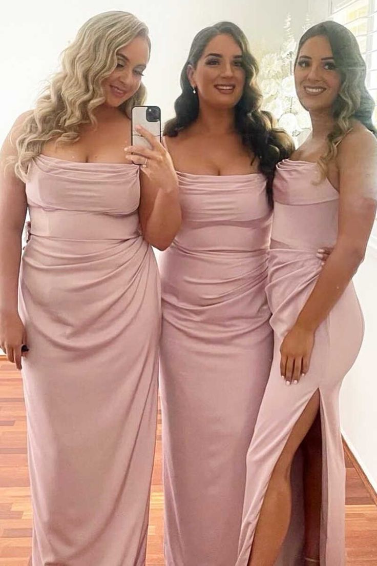 Roycebridal Cheap Long Boho Pink Bridesmaid Dress Satin Sleeveless Cowl Neck with Slit