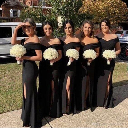 Cheap Satin Black Bridesmaid Dresses Off Shoulder Mermaid Long Dress with Slit