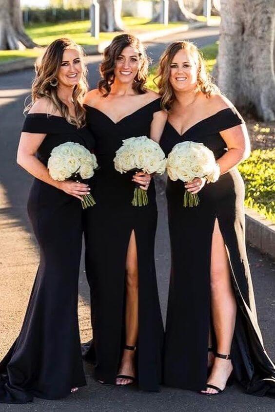 Cheap Satin Black Bridesmaid Dresses Off Shoulder Mermaid Long Dress with Slit