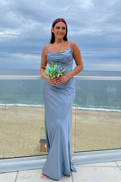 Cheap Satin Dusty Blue Wedding Guest Dress Long Formal Dress Cowl Neck