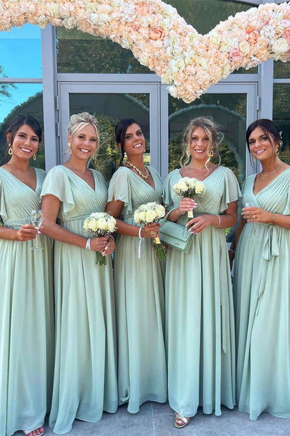 Roycebridal Cheap V-Neck Sage Green Bridesmaid Dress UK Pleated Chiffon Party Dress