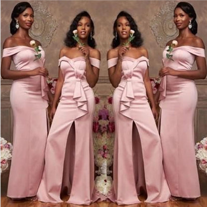 Off the Shoulder Pink Satin Bridesmaid Dresses Long Wedding Guest Dress