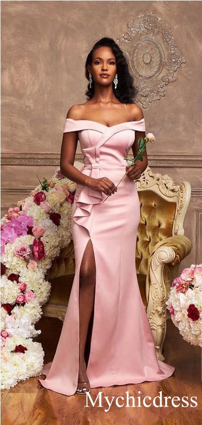 Off the Shoulder Pink Satin Bridesmaid Dresses Long Wedding Guest Dress