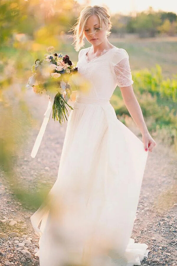 Chiffon A-line Short Sleeves Boho Wedding Dresses, Lace Wedding Gown, MW838 | wedding dresses | wedding gown |bridal outfit | musebridals.com