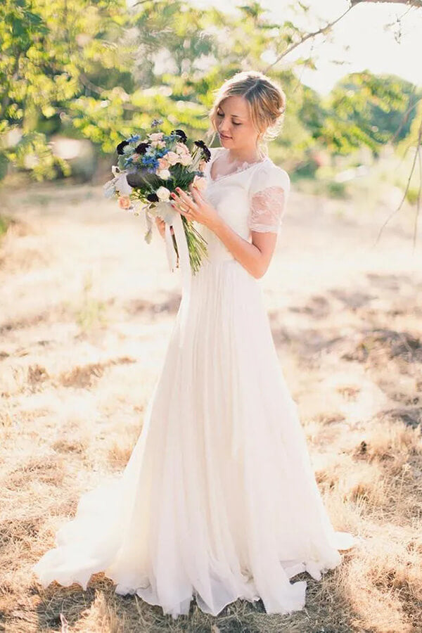 Chiffon A-line Short Sleeves Boho Wedding Dresses, Lace Wedding Gown, MW838 | chiffon wedding dresses | simple wedding dress | beach wedding dress | musebridals.com