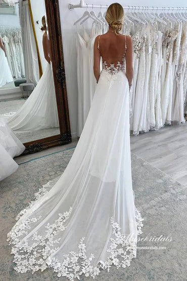 Chiffon A-line Spaghetti Straps Lace Appliques Court Train Wedding Dress, MW893 | vintage wedding dresses | summer wedding dresses | backless wedding dress | musebridals.com