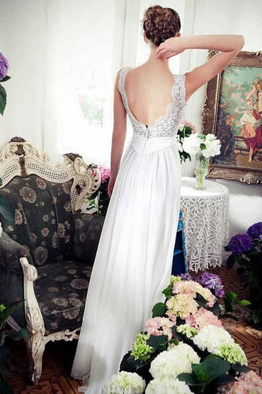 Chiffon A-line V-neck Beach Wedding Dress With Train, Lace Wedding Gown, MW737 | bridal outfit | wedding dresses online | cheap lace wedding dresses | www.musebridals.com