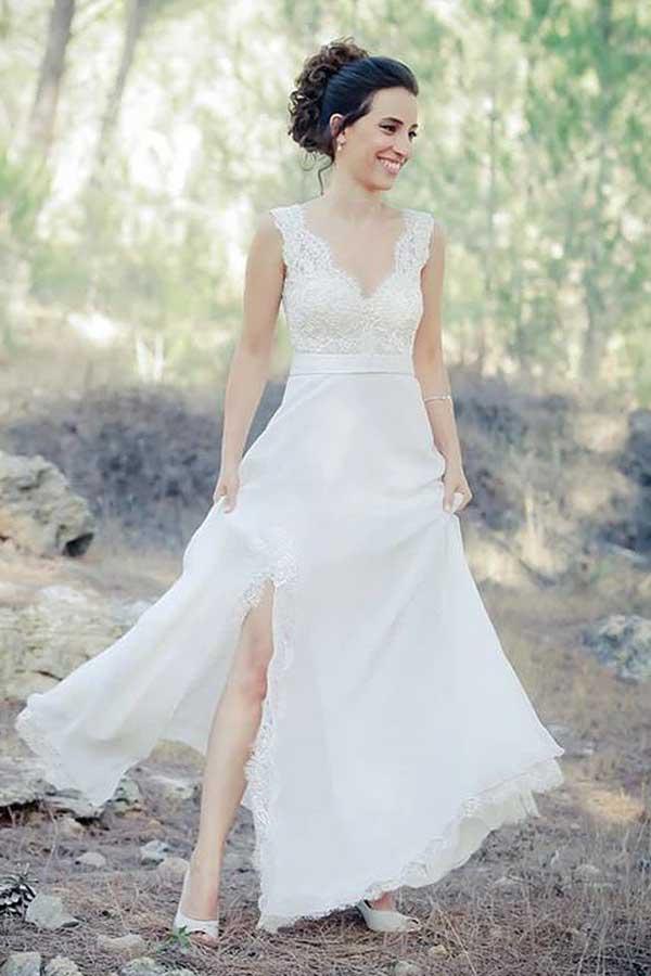 Chiffon A-line V-neck Beach Wedding Dress With Train, Lace Wedding Gown, MW737 | wedding gown | simple wedding dresses | vintage wedding dresses | Musebridals