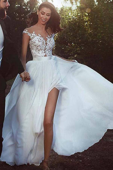 Chiffon A-line V-neck Lace Appliques Wedding Dress With Slit, Bridal Gown, MW784 | outdoor wedding dresses | cheap wedding dresses online | vintage wedding dresses | musebridals.com