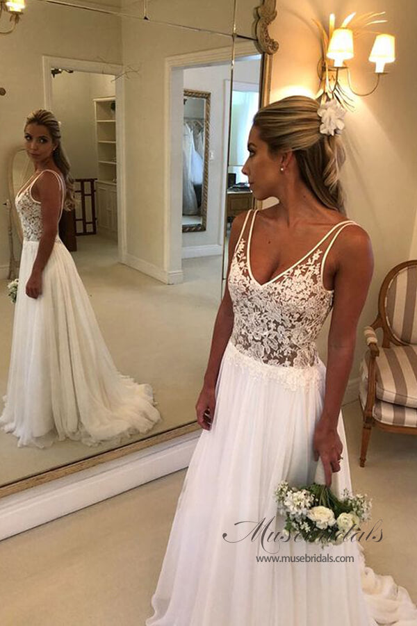 Beach wedding dresses | a line wedding dress | v neck wedding dress | musebridals.com