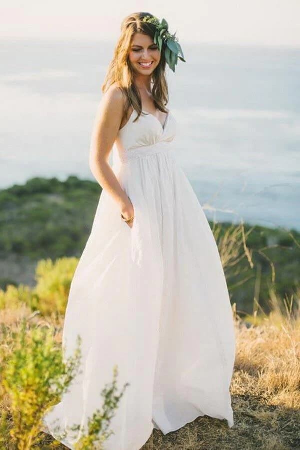 Chiffon A-line V-neck Spaghetti Straps Simple Wedding Dress With Train, MW839 | vintage wedding dresses | beach wedding dresses | simple wedding dresses | musebridals.com