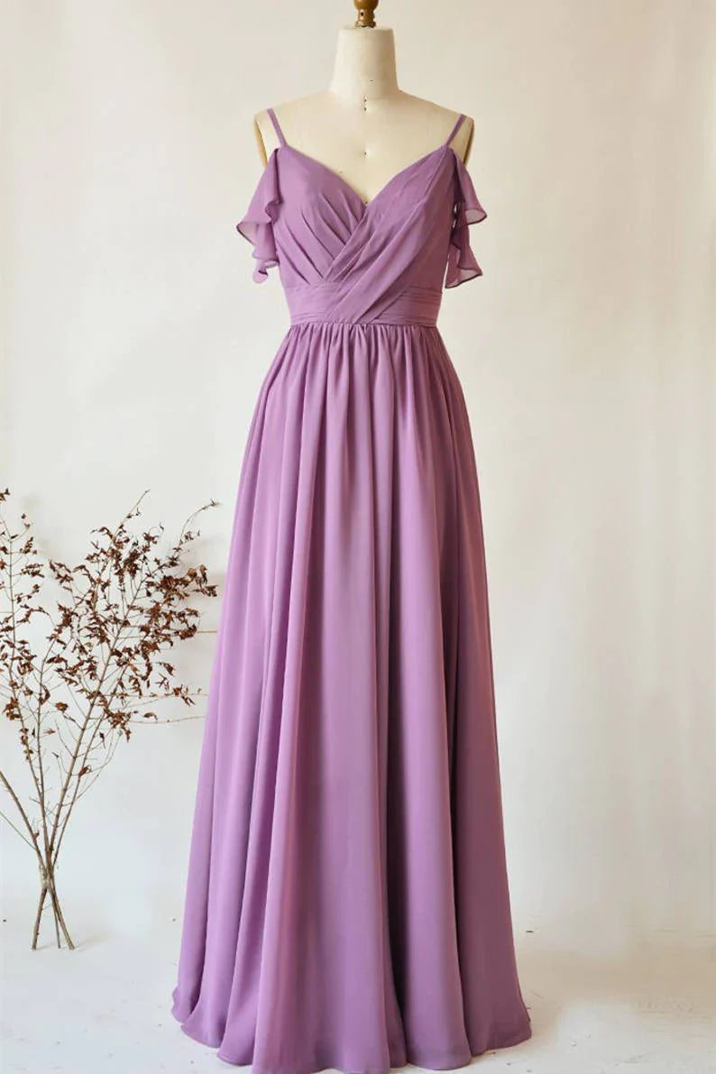 Roycebridal Chiffon Dusty Purple Wedding Guest Dress Straps Long Bridesmaid Dress