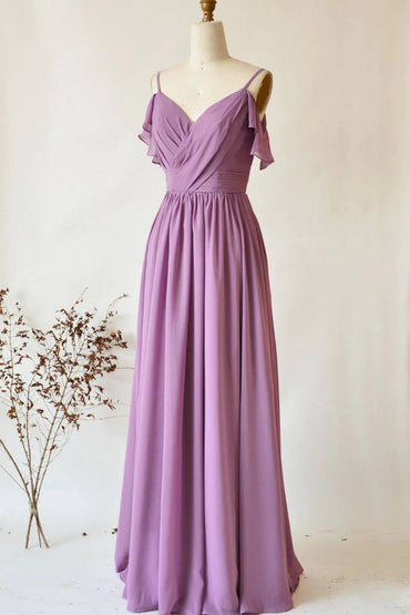 Roycebridal Chiffon Dusty Purple Wedding Guest Dress Straps Long Bridesmaid Dress