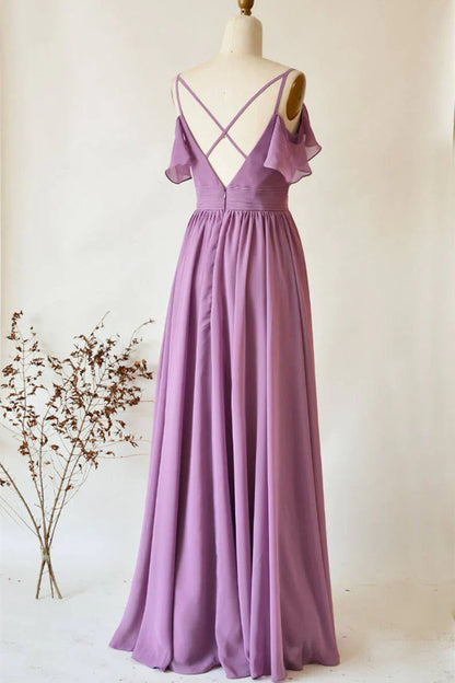 Roycebridal Chiffon Dusty Purple Wedding Guest Dress Straps Long Bridesmaid Dress