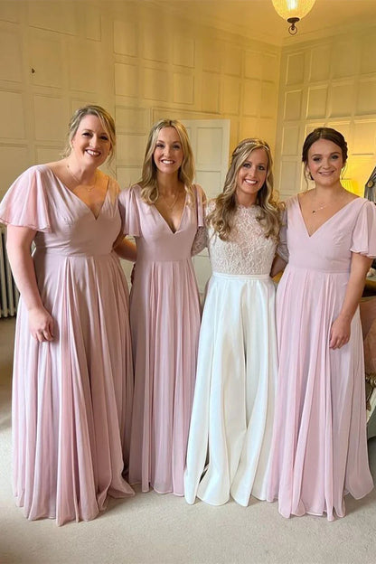 Roycebridal Chiffon Long Pink Bridesmaid Dress A-Line V-neck Wedding Party Dress