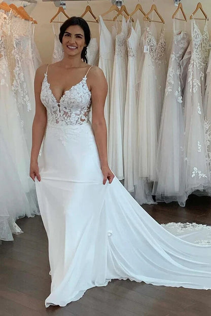 Chiffon Spaghetti Straps Lace Appliques Bohemian Wedding Dresses, MW913 | chiffon wedding dress | lace wedding dress | bridal gown | musebridals.com