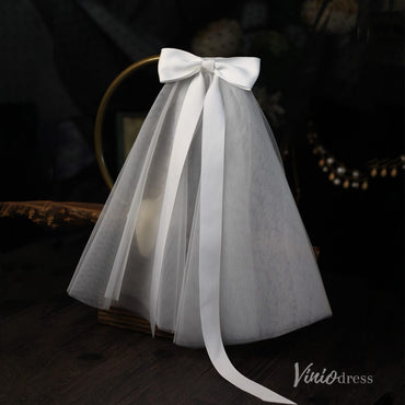 Classy Satin Tulle Short Veil with Bow Viniodress AC1313-Veils-Viniodress-Ivory-Viniodress