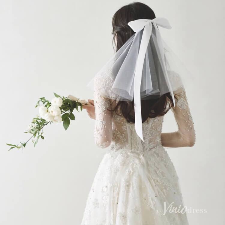 Classy Satin Tulle Short Veil with Bow Viniodress AC1313-Veils-Viniodress-Ivory-Viniodress