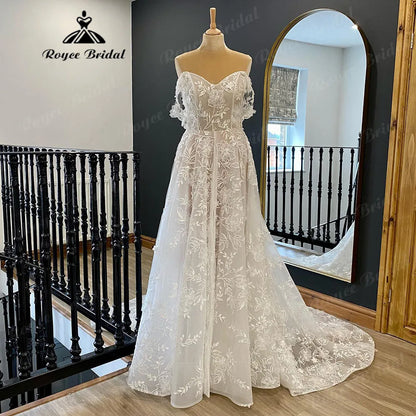 Country Off Shoulder Full Lace V Neck Wedding Gown for Women 2024 Wedding Dress with Cap Sleeve vestido longo festa de casamento