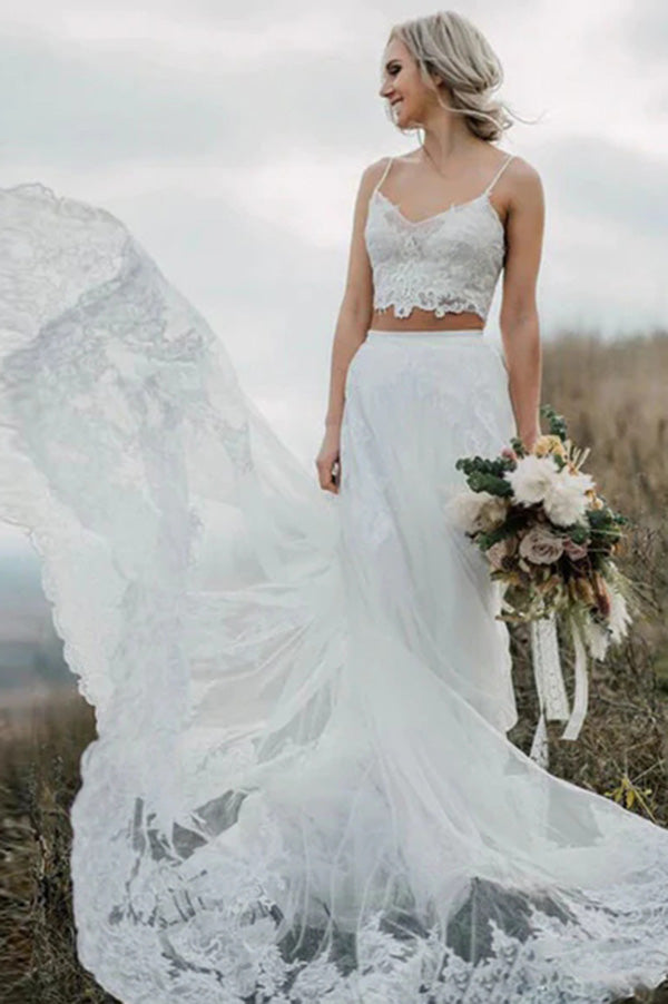 Crop Top Lace Two Piece Boho Spaghetti Straps Wedding Dresses, MW509 | lace wedding dresses | two piece wedding dresses | bridal gowns | Musebridals.com