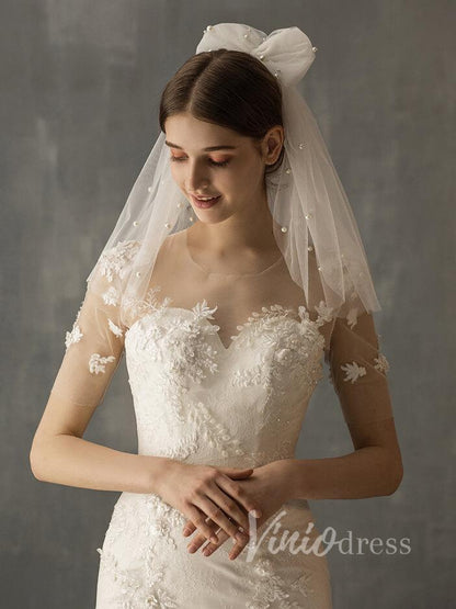 Cute Shoulder Length Bridal Veils with Pearls AC1004-Veils-Viniodress-Ivory-Viniodress