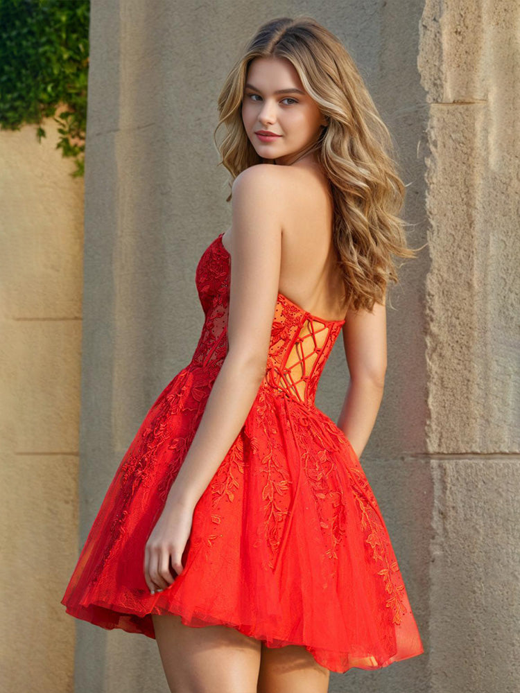 Cute Sweetheart Red Lace Bodice Mini Tulle Homecoming Dresses