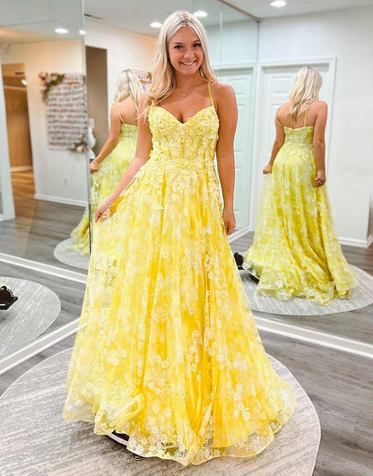 Roycebridal Ellis | Cute Yellow A-Line Spaghetti Straps Long Prom Dress With Appliques