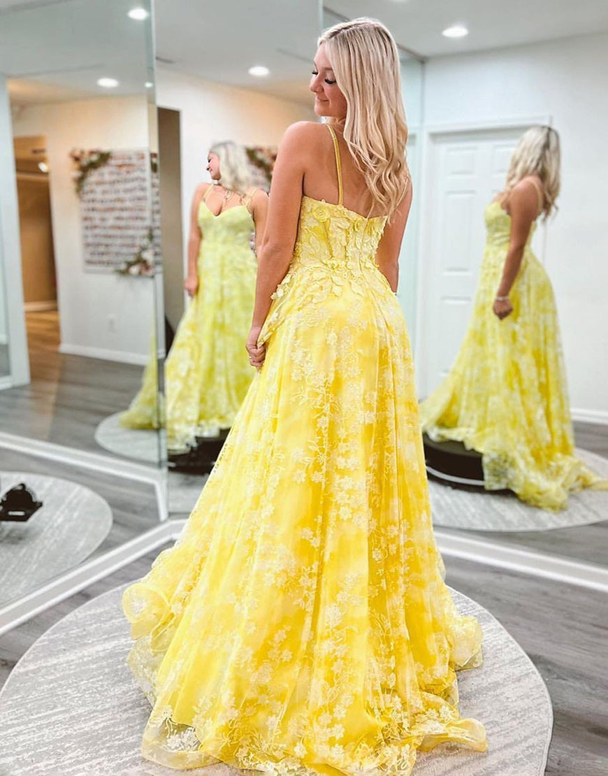 Roycebridal Ellis | Cute Yellow A-Line Spaghetti Straps Long Prom Dress With Appliques