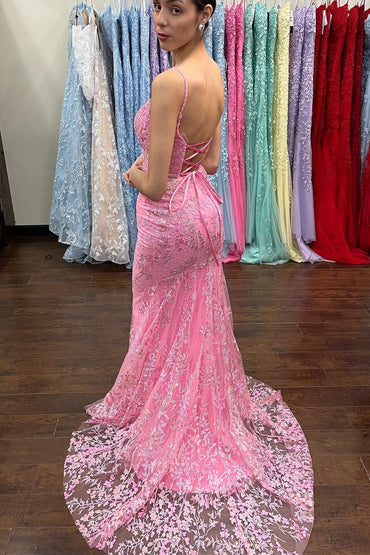 Roycebridal Azariah | Mermaid Pink Lace Appliques Long Prom Dress