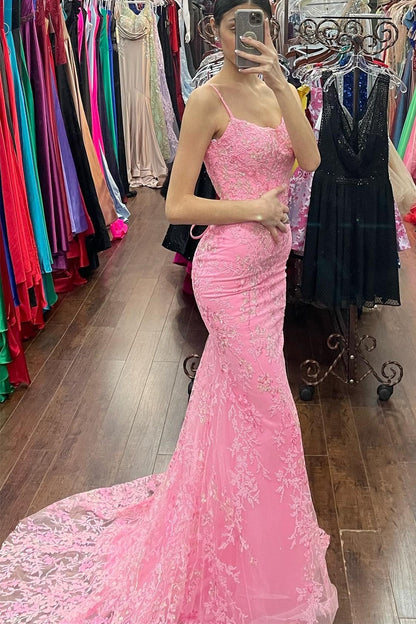 Roycebridal Azariah | Mermaid Pink Lace Appliques Long Prom Dress