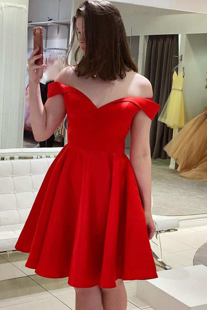 Red Off The Shoulder A Line Satin Homecoming Dress