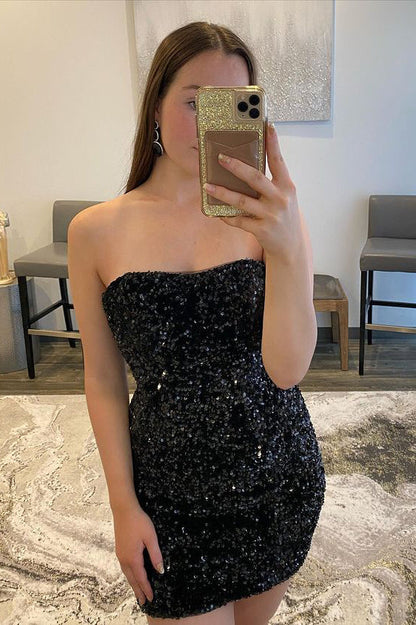 Beautiful Black Strapless Sequins Short Homecoming Dress