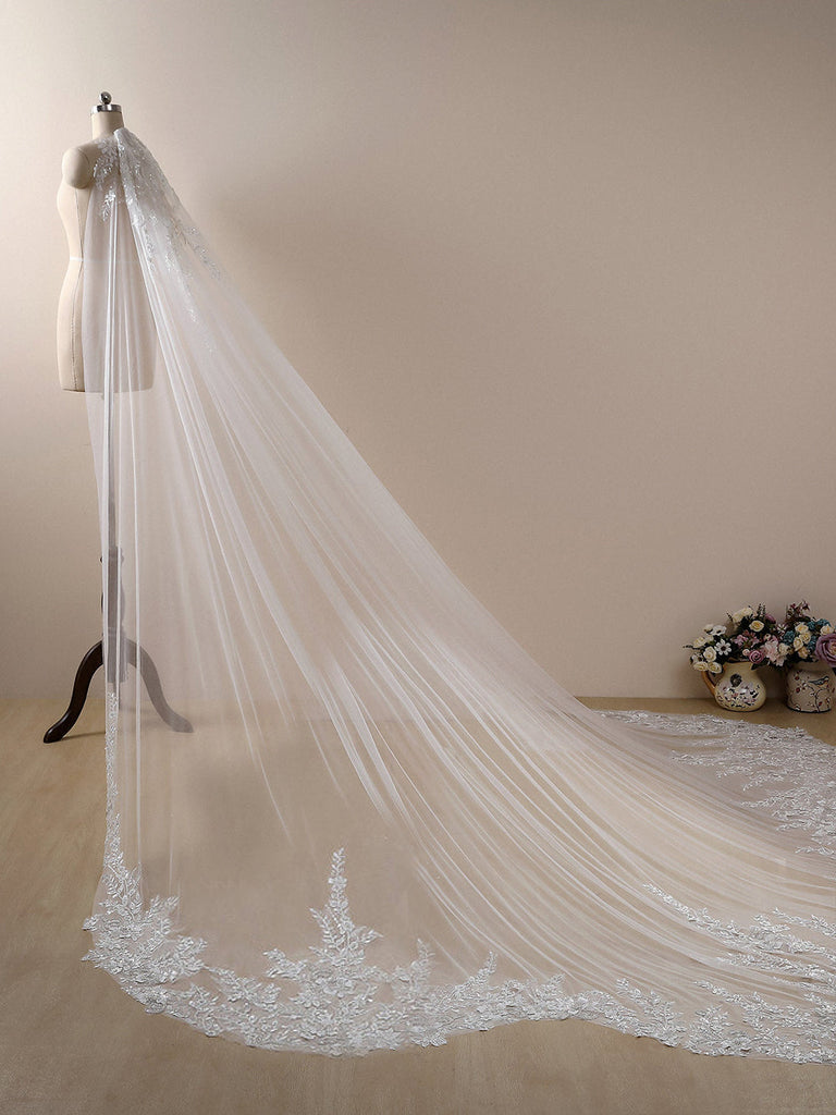 Roycebridal Vintage Floral Lace with Sequins Cathedral Veil Shaped Bridal Veil Wedding Veil