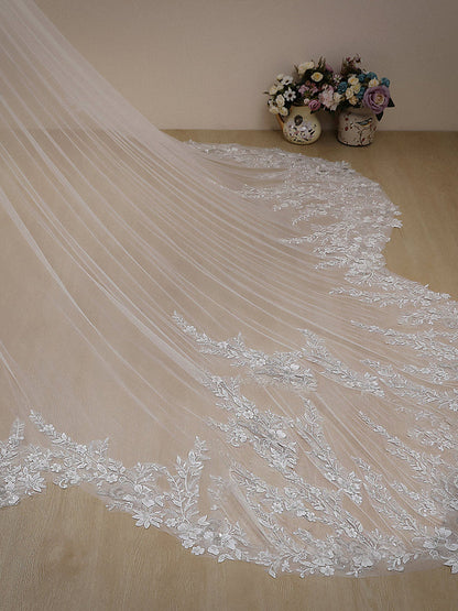 Roycebridal Vintage Floral Lace with Sequins Cathedral Veil Shaped Bridal Veil Wedding Veil