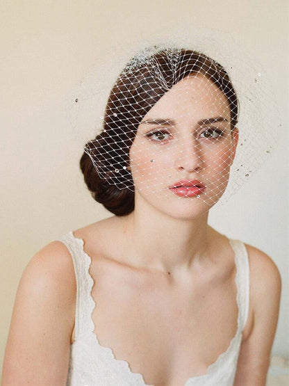 Roycebridal Vintage Ivory Mesh Birdcage Wedding Veils with Tiny Crystals