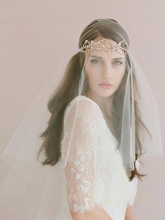 Roycebridal Traditional Drop Veil Blusher Wedding Veil with Crystal Headpiece