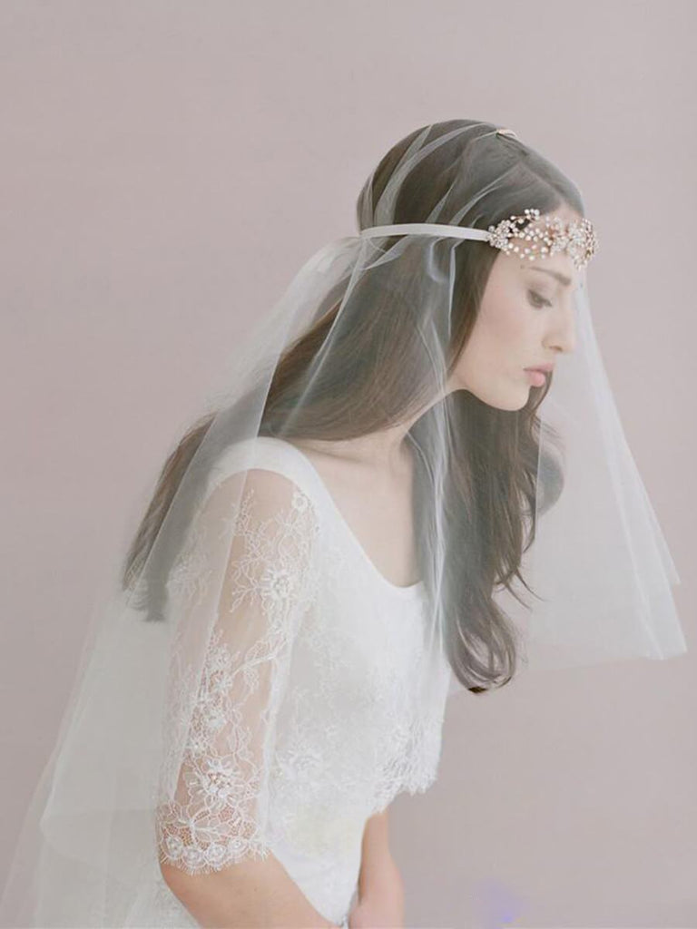 Roycebridal Traditional Drop Veil Blusher Wedding Veil with Crystal Headpiece