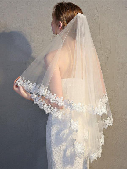 Roycebridal Two Tier Wedding Veils Hip Length Lace Hem Bridal Veil